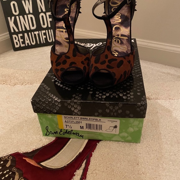 Sam Edelman chrome heels; Leopard/Black Pony Hair - Picture 1 of 8